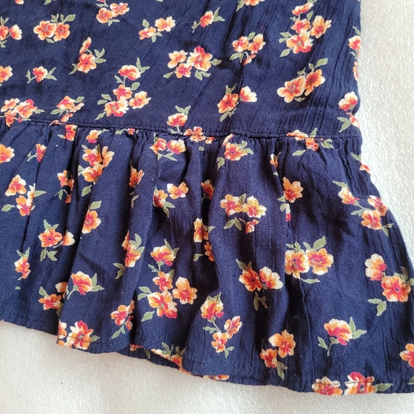 Boho Bell Sleeves Smocked Floral Print Top Ruffle Cottagecore Navy Blue XL - Picture 9 of 13